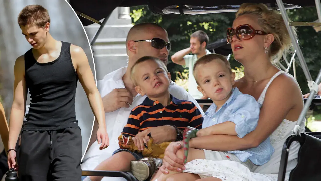 Britney Spears z dziećmi, Sean Preston i Jayden James, w wózku. Obok widać starszego syna, Seana.
